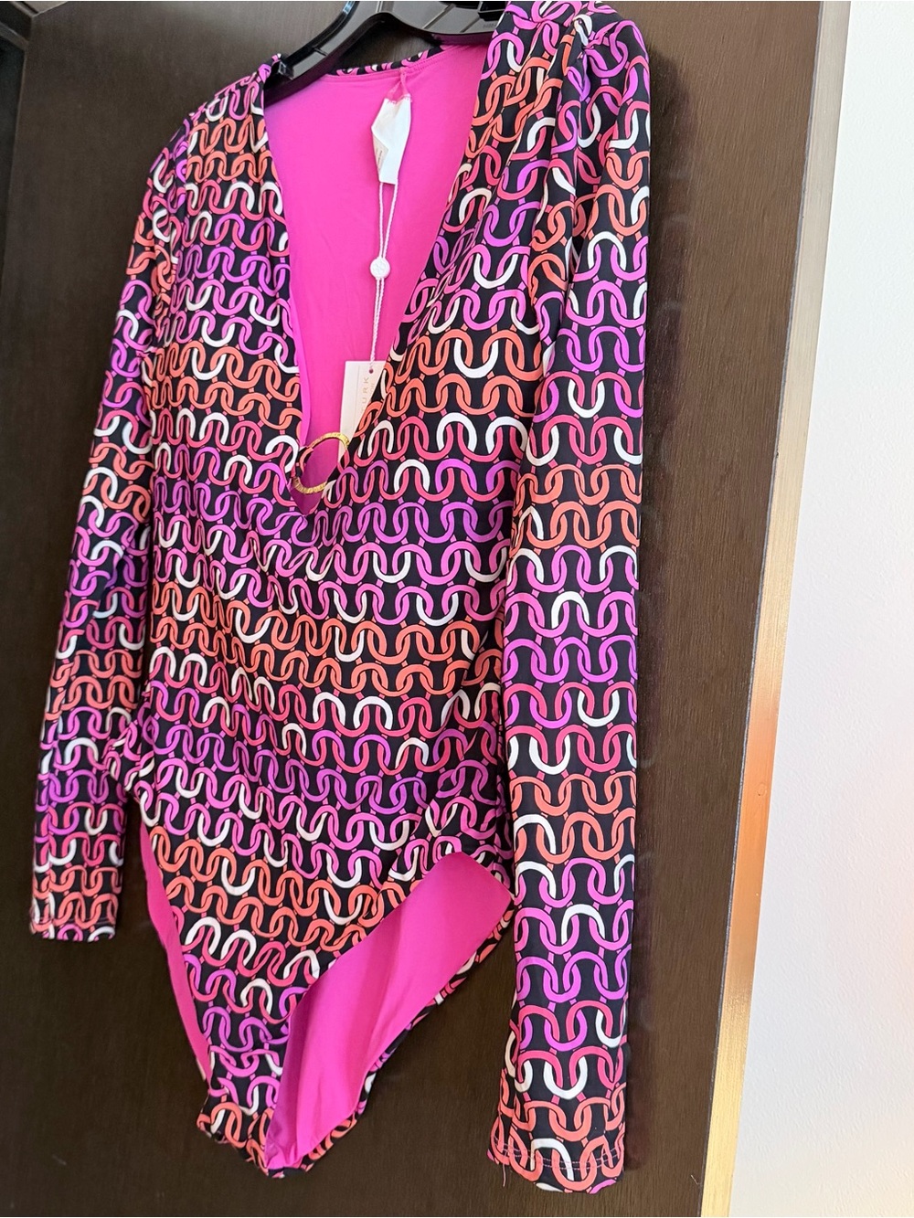 Pink & Black Geometric Long Sleeve Swimsuit
